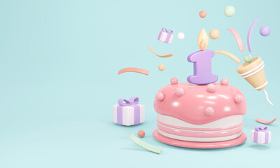 3D Rendering of pastel birthday cake party with candle number 1 with copy space on blue background. 3D Render illustration.