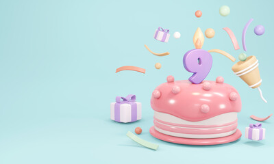 3D Rendering of pastel birthday cake party with candle number 9 with copy space on blue background. 3D Render illustration.