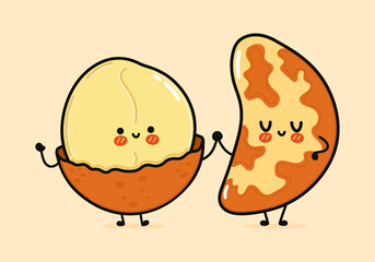 Cute, funny happy brazilian nut and macadamia character. Vector hand drawn cartoon kawaii characters, illustration icon. Funny cartoon brazilian nut and macadamia friends concept