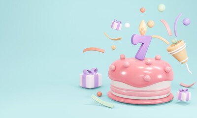 3D Rendering of pastel birthday cake party with candle number 7 with copy space on blue background. 3D Render illustration.
