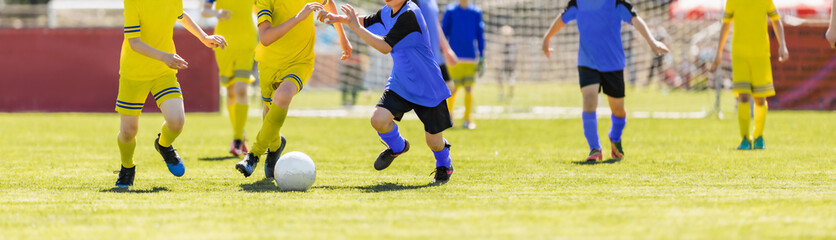 Two Children Sports Team Kicking Football Match on Grass Pitch. Soccer Players in a Duel....