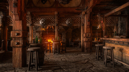 Moody medieval tavern inn bar interior lit by daylight through a window with shield decorations and burning fire in the background. 3D illustration.