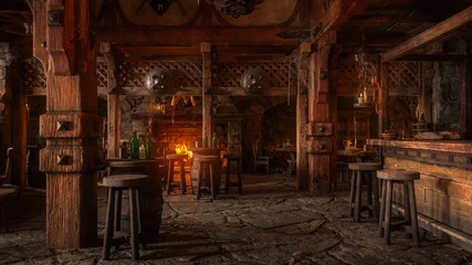 Fotobehang Humeurige middeleeuwse taverne inn bar interieur verlicht door daglicht door een raam met schilddecoraties en brandend vuur op de achtergrond. 3D illustratie. © IG Digital Arts