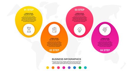 Business vector infographics with four circles and labels. Timeline visualization with 4 steps for diagram, flowchart, banner, presentations, web, content, levels, chart, graphic