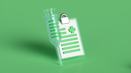 Clipboard sheet of paper document medical report and syringe isolated on green background. 3D rendering