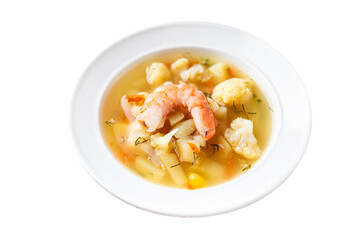 seafood soup shrimp, vegetables healthy meal food snack on the table copy space food background rustic