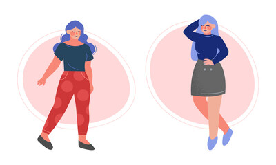 Pretty Body Positive Woman in Stylish Outfit Standing Vector Set