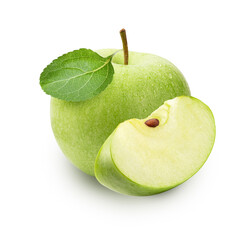green apple with slice and leaf isolated on white