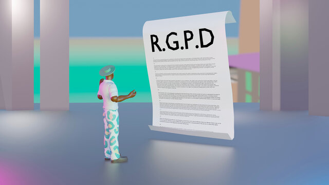 Avatar prend connaissance du RGPD dans metaverse. R&egrave;glement g&eacute;n&eacute;ral sur la protection des donn&eacute;es dans le m&eacute;tavers. Gouvernance des donn&eacute;es rgpd gdpr, confidentielles, vie priv&eacute;e en monde virtuel.