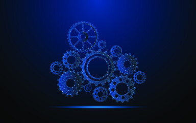 Abstract multiple cogwheels. Concepts in mechanical engineering and the engine industry. Digital low poly wireframe style design with connection points. vector illustration	