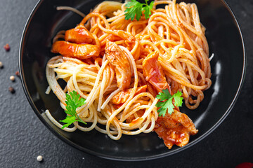 spaghetti pasta meat tomato sauce healthy meal food snack on the table copy space food background rustic
