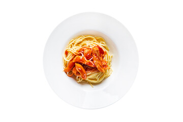 spaghetti pasta meat tomato sauce healthy meal food snack on the table copy space food background rustic