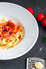 spaghetti pasta meat tomato sauce healthy meal food snack on the table copy space food background rustic