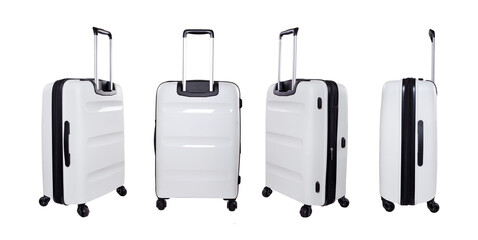 White suitcase isolated  on white background. A set of different view sides. Travel case with wheels.