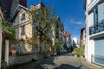 Fototapeta na wymiar Paris, France - March 28, 2021: Nice small cosy street in Paris with individual house and buildings