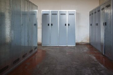 Wardrobes for clothes and personal belongings in the dressing room of an industrial plant. The picture was taken in Russia