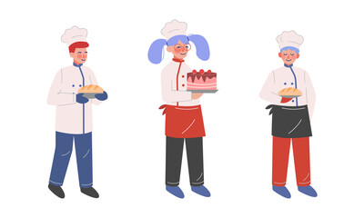 Teen Boy and Girl Chef in White Toque and Jacket Holding Fresh Baked Bread and Cake Vector Set