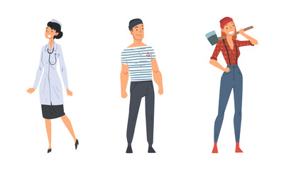 Obraz premium Woman Lumberjack in Checkered Shirt and Man Seaman in Striped Sweatshirt Vector Set