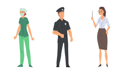 Fototapeta premium Woman Teacher in Glasses with Pointer and Man Police Officer Vector Set