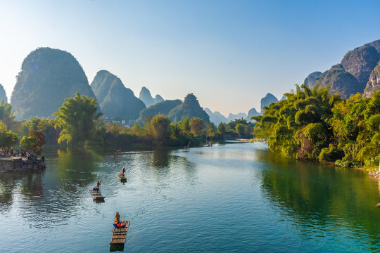 YANGSHUO, CHINA, 6 DECEMBER 2019:Landscape of the Li River in Yangshuo, China