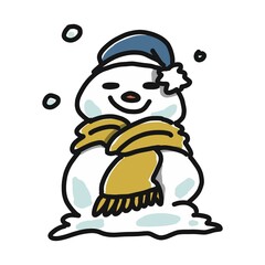 青い帽子に黄色のマフラーを身に着けた雪だるまのイラスト