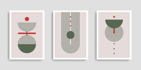Set of abstract contemporary posters with geometric shapes. Cover collection. Modern boho minimalist art. Vector illustration. Design for print poster, cover, wallpaper. Stock.
