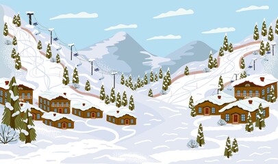 Ski resort with ski track, cable cars, ski lifts, vector illustration. Winter holidays and sport activity. Winter season mountain landscape with alps chalet.