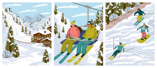 Ski resort with skiers, cable cars, ski lifts, vector illustration set. Winter holidays and sport activity. Winter season mountain landscape with alps chalet. Mountain ski, snowboard, downhill track - obrazy, fototapety, plakaty