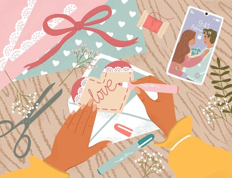 Valentine day greeting card vector illustration. Woman writes a love letter or valentines. Girl hands, envelope, letter with heart. 14 february holiday poster. Mobile phone with romantic happy couple