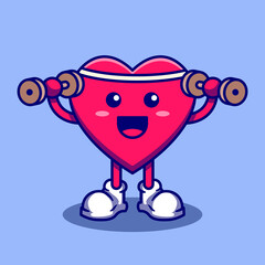Cute heart character mascot is exercising lifting weights. Heart vector isolated. Flat cartoon style. Valentine theme Vector illustration.