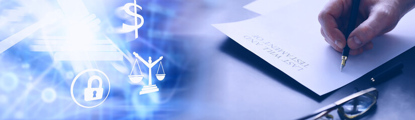Legal concept. The procedure for writing the last will. Papers with testament on the table....