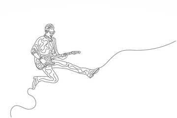 Single line art doodle art image of energetic young guitarist jumping on stage and playing guitar. Energetic musician artist performance concept. Vector illustration of a continuous line drawing .