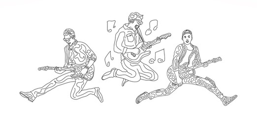 Single line doodle art image of three energetic young guitarists jumping on stage and playing guitar. Energetic musician artist performance concept. Vector illustration of a continuous line drawing.