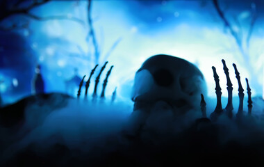 Skeleton Zombie Rising Out Of A GraveYard - Halloween. Mysterious magic ball predictions and smoke...