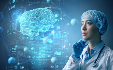 Female doctor surgeon analyzing brain test results on holographic interface. Innovative technology in medical science. 3d illustration elements - 478306754