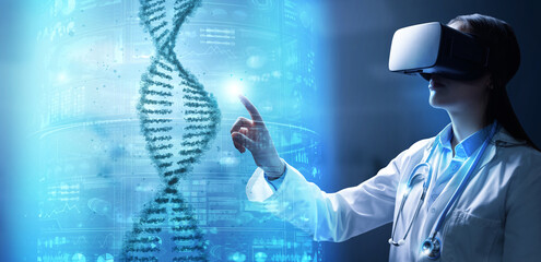 Female young doctor wearing virtual reality headset touching a DNA helix hologram. Genetic...