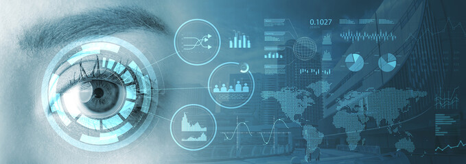 Woman eye with hud interface and infographics in an abstract blue-grey background. Global network...
