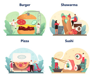 Fototapeta premium Fast food catering set. Hamburger, shawarma, pizza and sushi. Collection of man