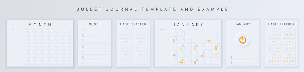 Minimalist monthly planner, weekly planner, habit tracker template and example.  Template for agenda, schedule, planners, checklists, bullet journal, notebook and other stationery.