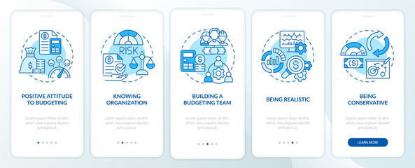 Fototapeta premium Budgeting blue onboarding mobile app screen. Financial plan for business walkthrough 5 steps graphic instructions pages with linear concepts. UI, UX, GUI template. Myriad Pro-Bold, Regular fonts used