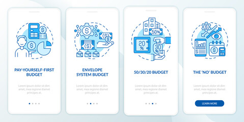 Budget approaches blue onboarding mobile app screen. Financial plan types walkthrough 4 steps graphic instructions pages with linear concepts. UI, UX, GUI template. Myriad Pro-Bold, Regular fonts used