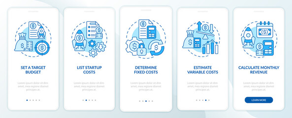 Fototapeta na wymiar Startup budgeting blue onboarding mobile app screen. Finance projection walkthrough 5 steps graphic instructions pages with linear concepts. UI, UX, GUI template. Myriad Pro-Bold, Regular fonts used