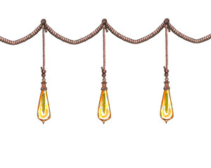 Watercolor illustration. Edison lamps, loft style in the form of a drop , vintage on a rope.