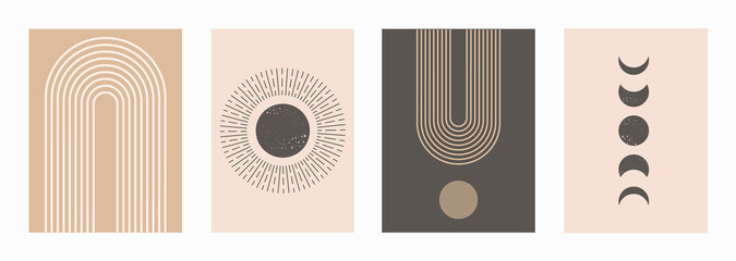 Mid Century Modern Art Print Set of 4, Neutral Beige Geometric Wall Art, Sun, Moon, Rainbow, and Arch