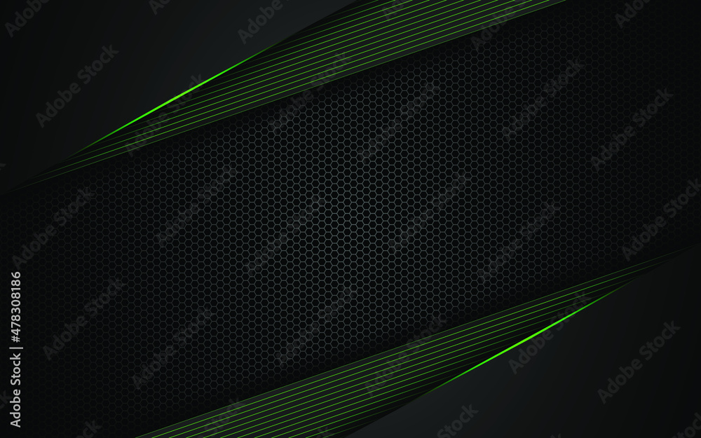 Aufkleber Dark steel mesh abstract background with green glowing lines with space for design. Modern technology innovation concept background	