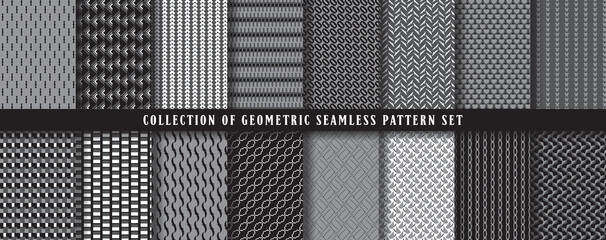 Big collection, set of vector seamless geometric pattern background. In black, grey white colors. Abstract endless repeating texture for mask, duvet cover, t-shirt, phone case, wallpaper, carpet