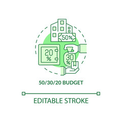 Fifty thirty twenty rule budget green concept icon. Financial planning abstract idea thin line illustration. Isolated outline drawing. Editable stroke. Roboto-Medium, Myriad Pro-Bold fonts used