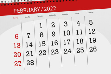 Calendar planner for the month february 2022, deadline day