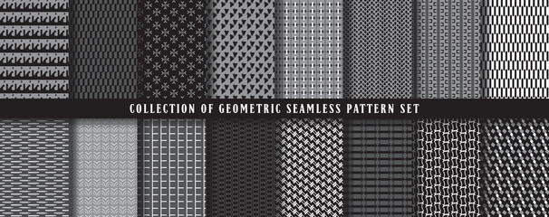Big collection, set of vector seamless geometric pattern background. In black, grey, white colors. Abstract endless repeating texture for mask, duvet cover, t-shirt, phone case, wallpaper, carpet