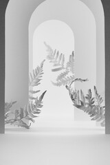 Scene mockup - white, grey decorative frames as arches, fern leaves for presentation, showing, display of cosmetic product,  design, advertising in light abstract tropical style, vertical, closeup.